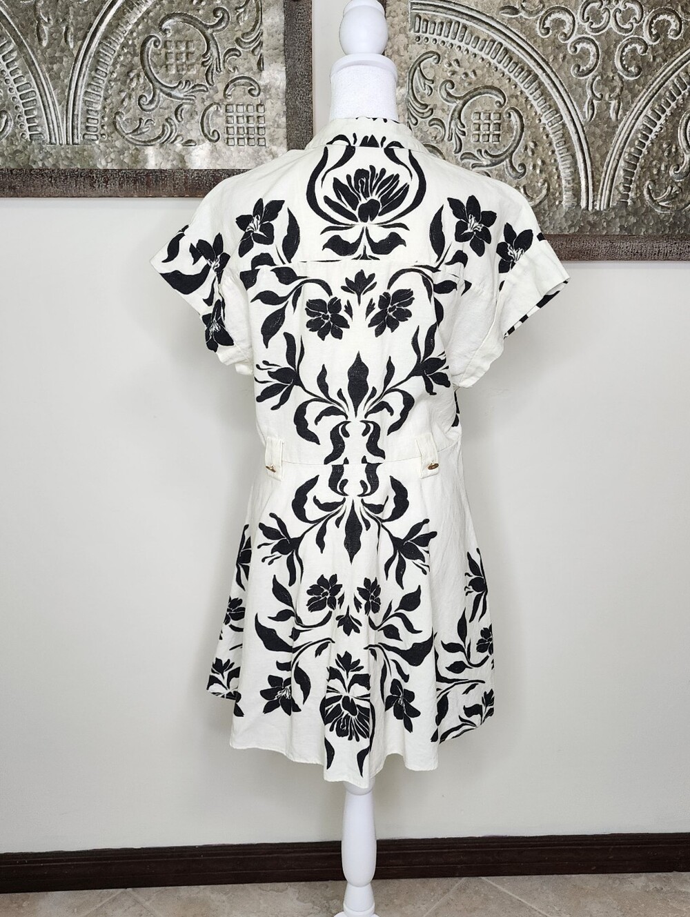 Zara Cream & Black Floral Linen Blend Button-Front Fit-and-Flare Dress Large - Picture 12 of 16